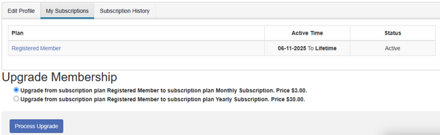 Subscription deails upgrade options